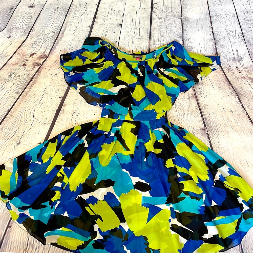 Vince Camuto Blue and Yellow Abstract Dress